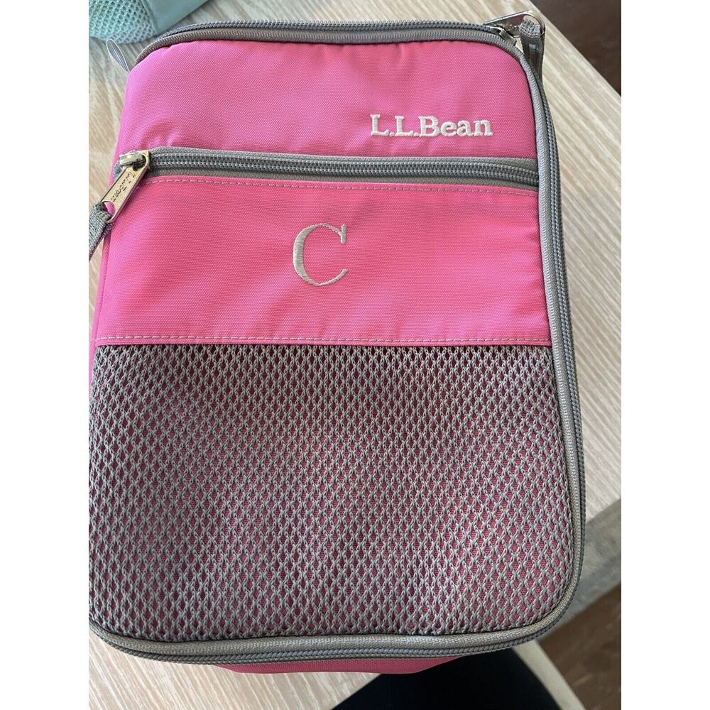 New L.L.Bean Zip Lunch Box Insulated Bright Pink Lunch Travel Cooler Monogram C
